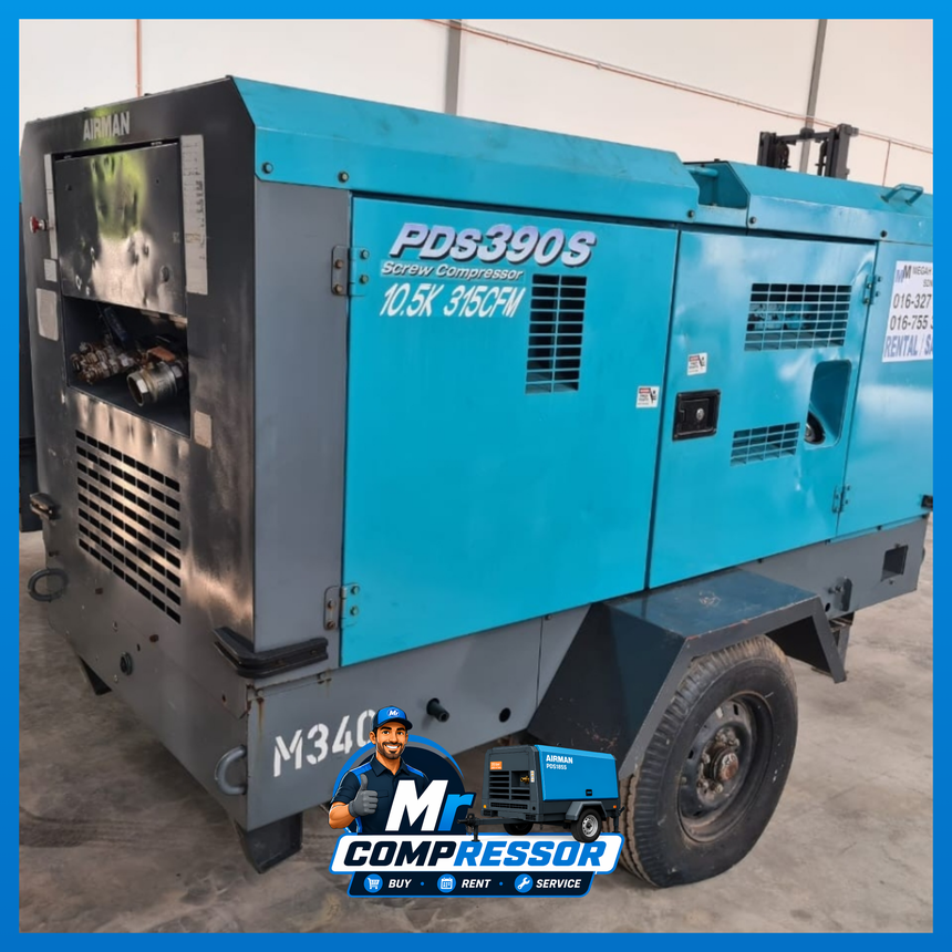 Airman diesel compressor powering pneumatic tools on a job site
