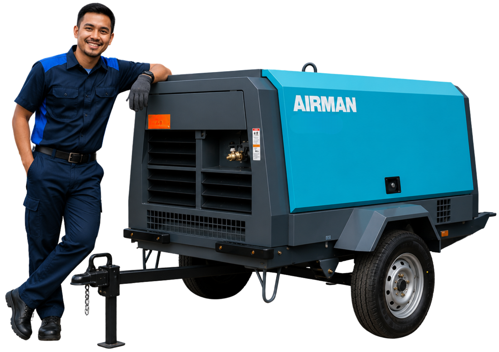 Mr Compressor technician beside an Airman PDS185S portable diesel air compressor in Malaysia